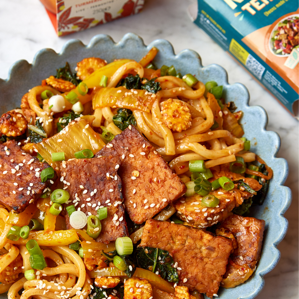 Gut-loving sweet & sour kimchi udon with smoky tempeh