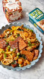 Gut-loving sweet & sour kimchi udon with smoky tempeh