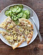 German Sausage Pizzas With Sauerkraut & Dill Pickled Cucumber Salad