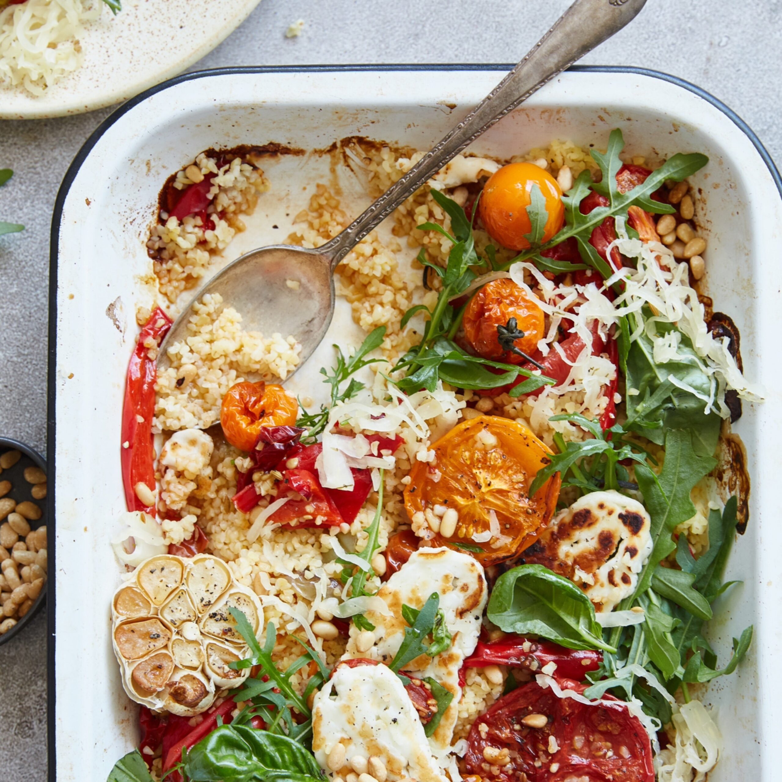 Bulgar Wheat Tray Bake with Mediterranean Vegetables, Pan-fried Halloumi & Sauerkraut