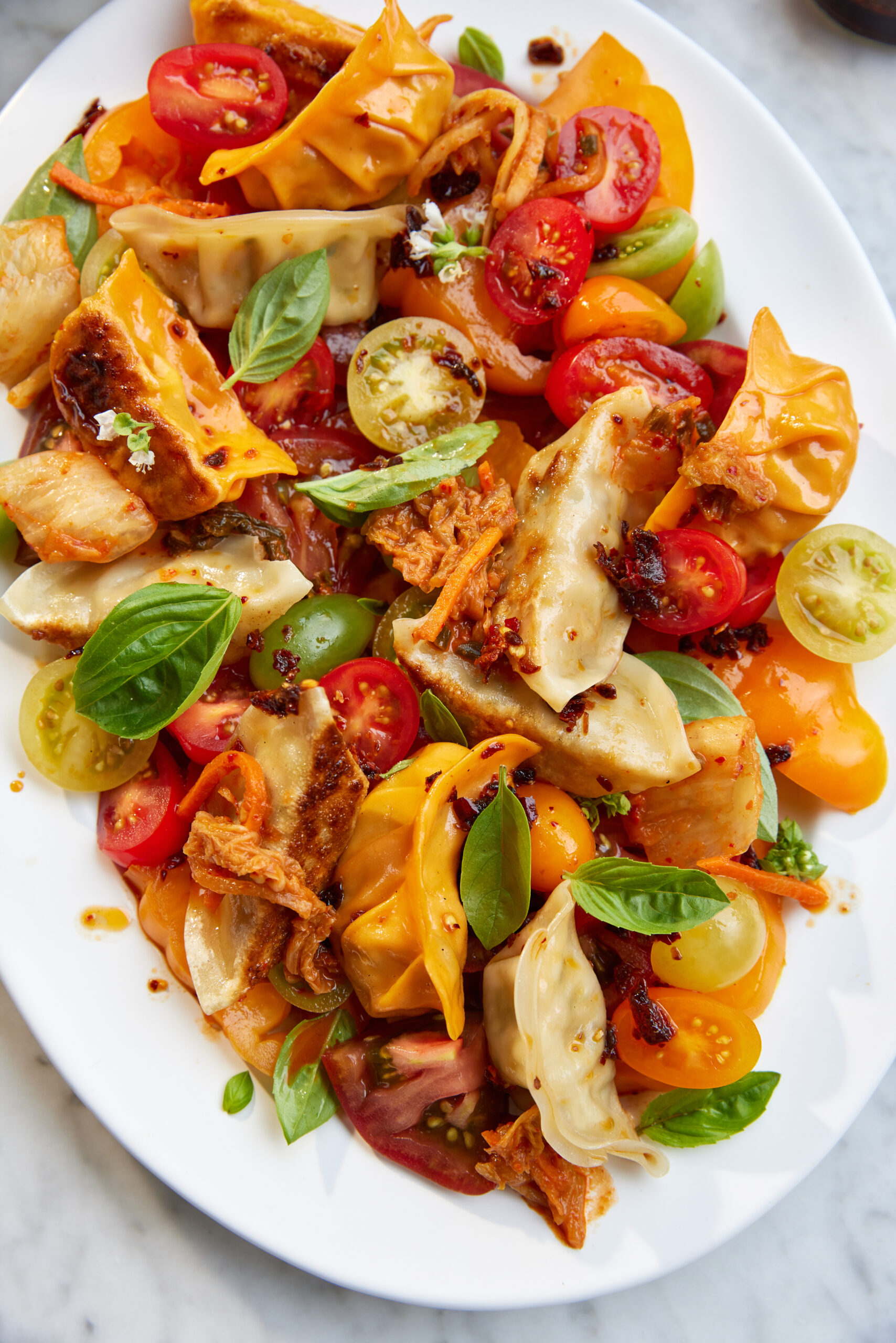 Tomato & Dumpling Salad with Kimchi & Zingy Sesame Vinaigrette